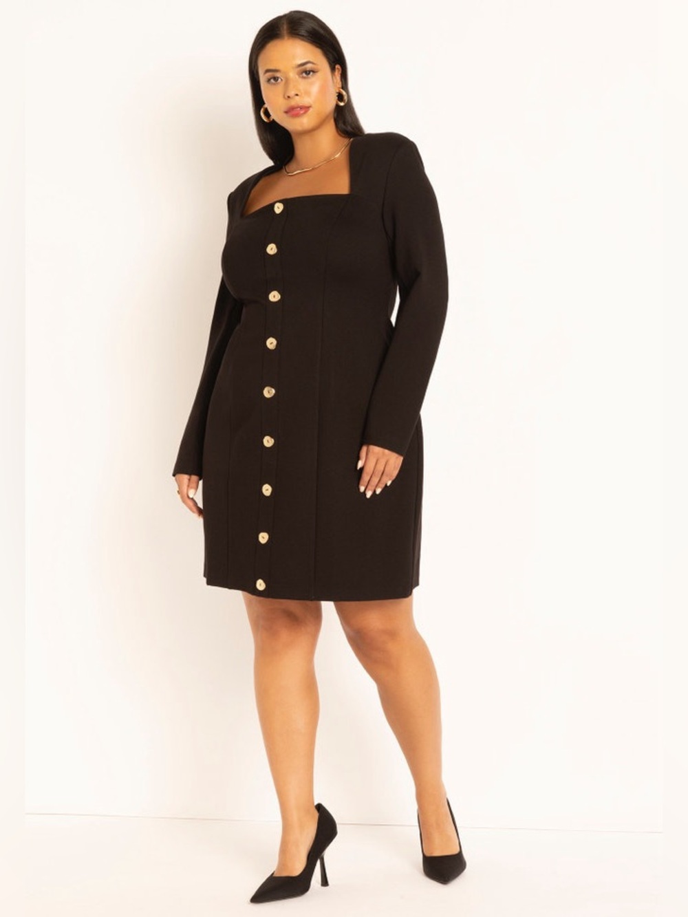 NEW ELOQUII Women Strong Shoulder Black Dress Size 16 Square Neck Long Sleeve